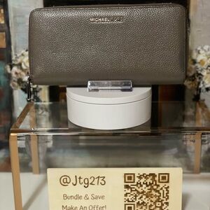 Michael Kors Pebbled Zip-Around Wallet in Taupe Gray with Gold Logo
